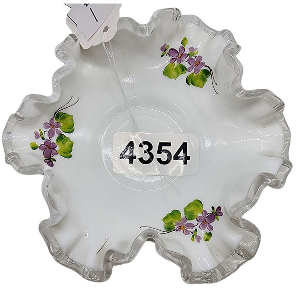 Vintage Fenton Silvercrest Ruffled Violets In The Snow Bowl Hand Painted Signed - Picture 1 of 5